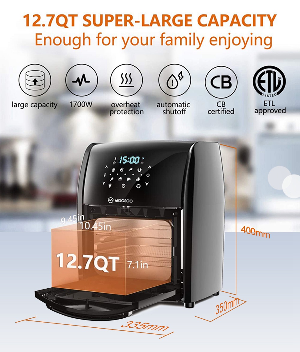 MOOSOO MA30 Multifunctional Air Fryer 1700W Power 12.7QT Capacity 8 Preset Menus LED Digital Touch Screen for Frying, Baking, Dehydrating, Roasting - Black