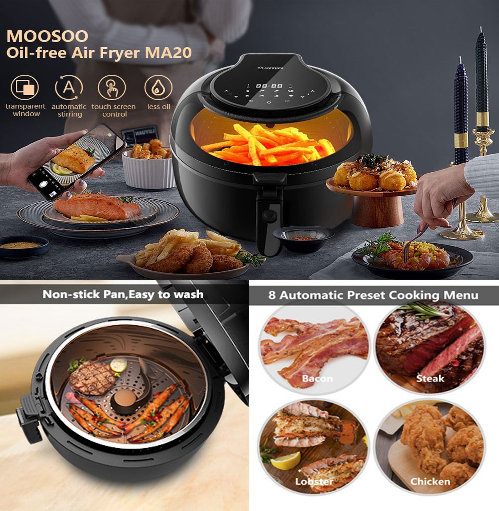 MOOSOO MA20 Multifunctional Air Fryer 1350W Power 7QT Capacity 8 Preset Menus Touch Screen for Frying, Baking, Dehydrating, Roasting - Black