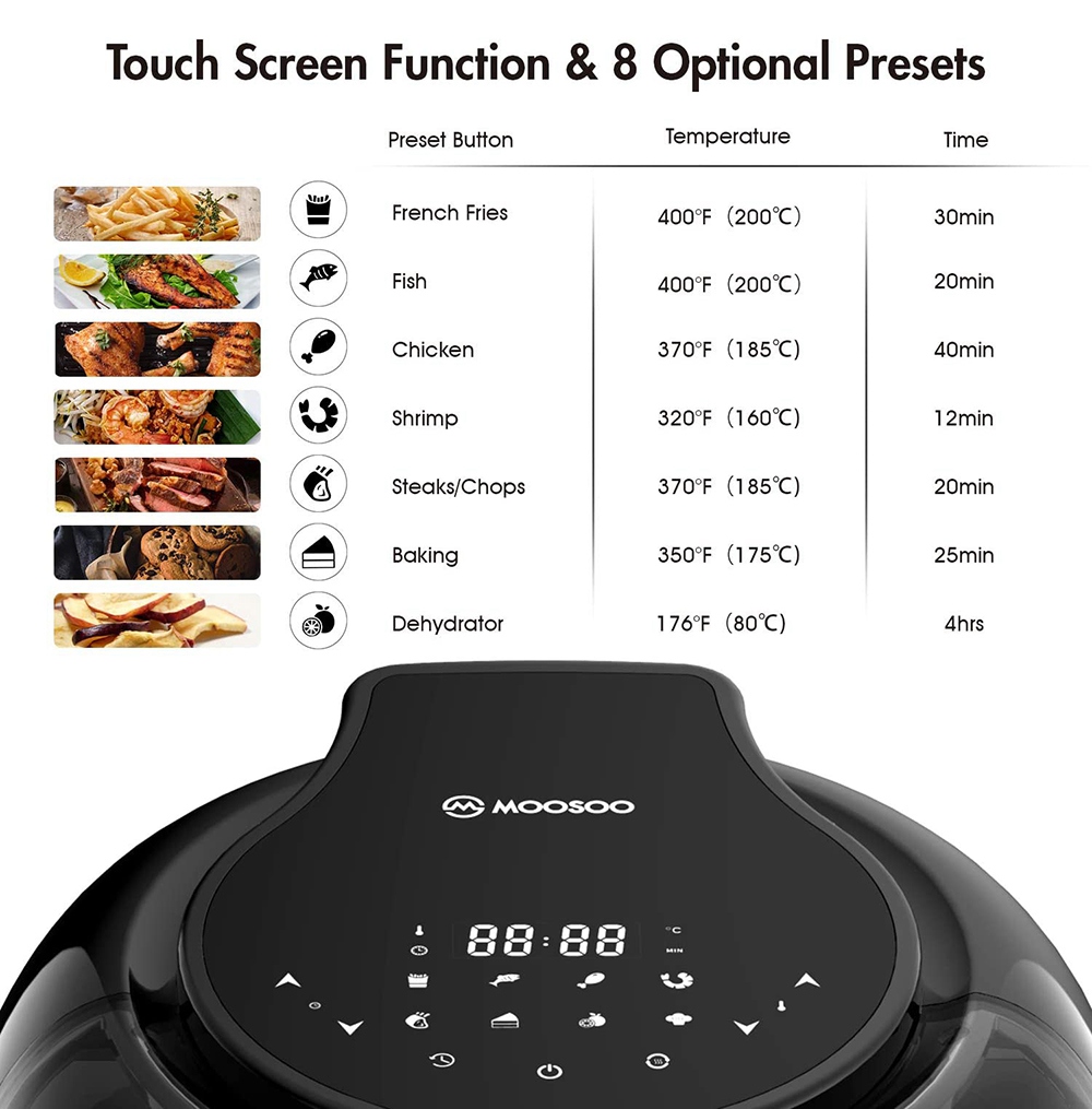 MOOSOO MA20 Multifunctional Air Fryer 1350W Power 7QT Capacity 8 Preset Menus Touch Screen for Frying, Baking, Dehydrating, Roasting - Black