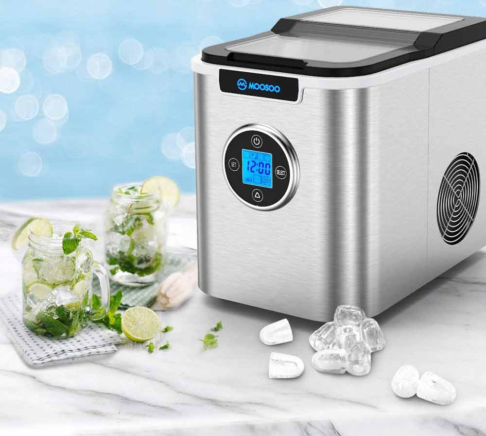 MOOSOO MI10 Stainless Steel Benchtop Ice Maker 3 Types 26lbs / 24H LCD Digital Display with Automatic Cleaning Function - Silver