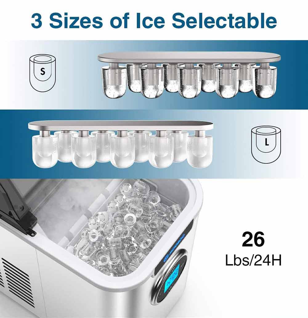 MOOSOO MI10 Stainless Steel Benchtop Ice Maker 3 Types 26lbs / 24H LCD Digital Display with Automatic Cleaning Function - Silver