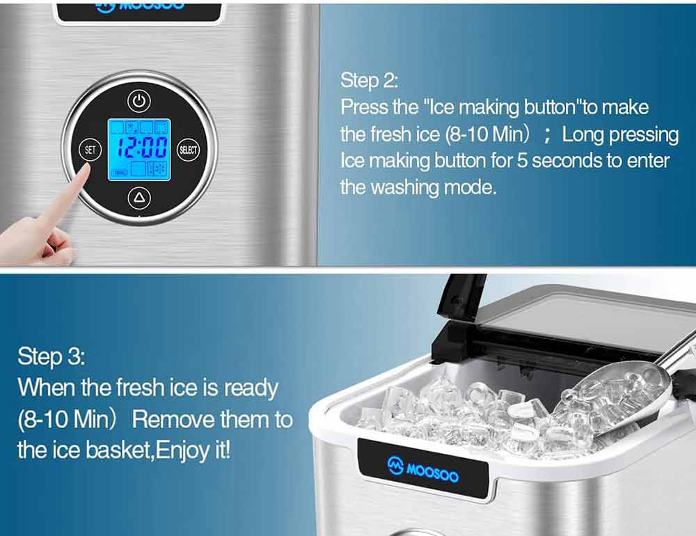 and Basket MOOSOO Ice Maker for Countertop 9 Ice Cubes Ready in 7-9 Minutes Make 26.5lbs Bullet Ice Cubes in 24H Ice Scoop Ice Maker Machine with Self-Cleaning Function Stainless Steel 