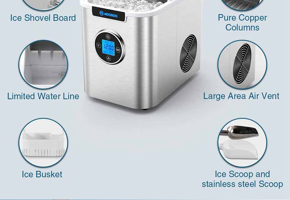 MOOSOO MI10 Stainless Steel Benchtop Ice Maker 3 Types 26lbs / 24H LCD Digital Display with Automatic Cleaning Function - Silver