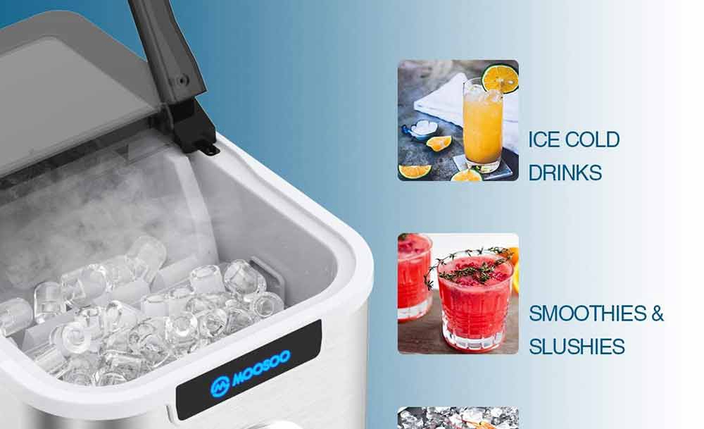 MOOSOO MI10 Stainless Steel Benchtop Ice Maker 3 Types 26lbs / 24H LCD Digital Display with Automatic Cleaning Function - Silver