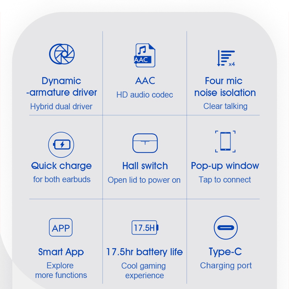 QCY T11 Hifi Dynamic Armature TWS Earbuds with 4 Mics Noise Isolation Quick Charge APP Control- White