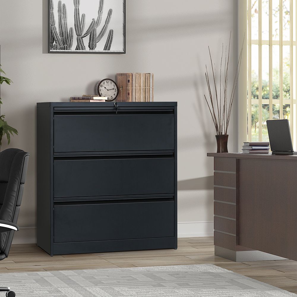 Home Office Steel Lateral File Cabinet with 3 Drawers and Lock - Black