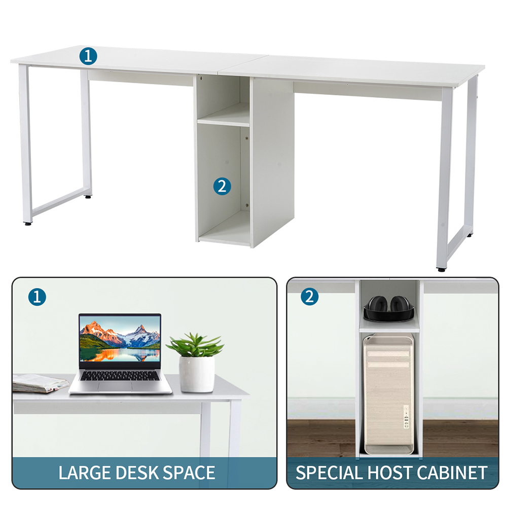 Home Office Dual Person Computer Desk with Two-layer Shelf and Wire Management Grommet - White