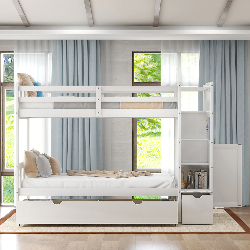 Twin-Over-Twin/Full Size Wooden Bunk Bed Frame, Convertible Bottom Bed, with Storage Stairs and Drawer - White