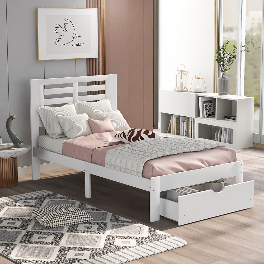 Twin Size Wooden Bed Frame with Storage Drawer - White