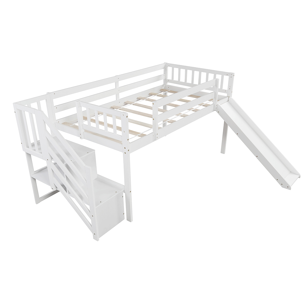Twin Size Children's Loft Bed With Adjustable Slides, Stairs And Guardrails - White 12 Twin Size Children's Loft Bed with Adjustable Slides, Stairs and Guardrails - White