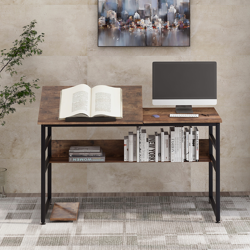 Home Office Adjustable Angle Computer Desk with Tiltable Board and Bottom Shelf - Brown