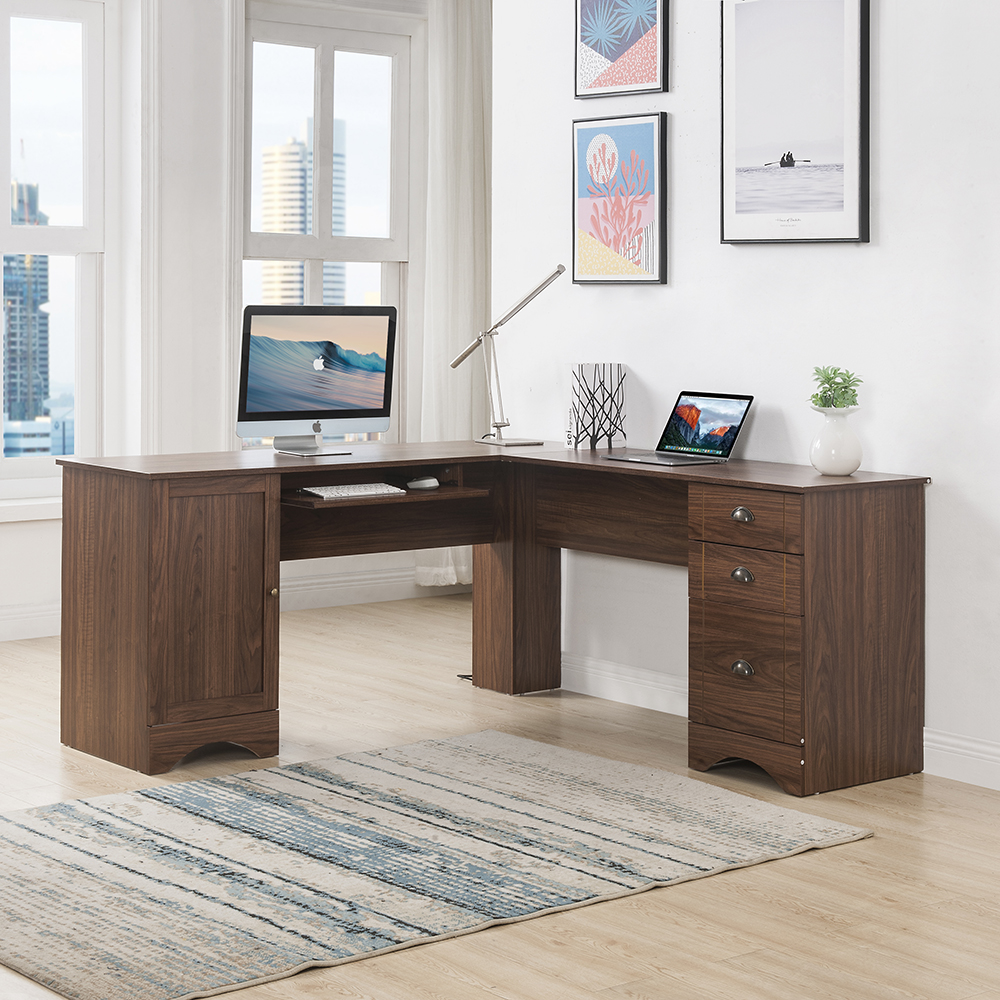 Home Office L-shaped Corner Computer Desk with Three Drawers and Storage Cabinet - Walnut