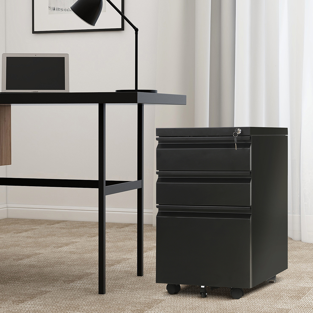 Home Office Steel Removable File Cabinet with 3 Drawers and Casters - Black