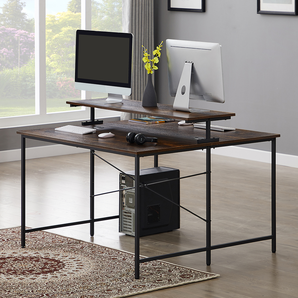 Home Office 47" Dual Person Computer Desk with Display Riser, Face-to-face Use - Brown