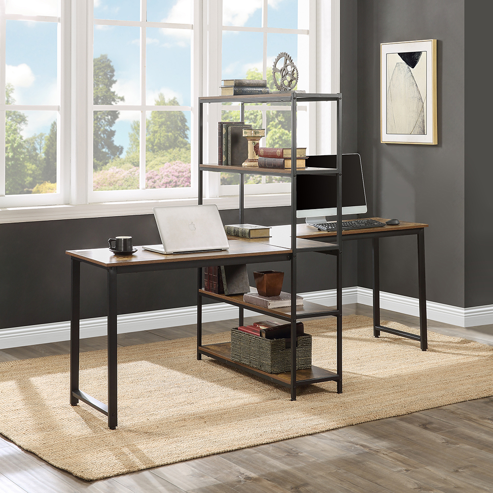 Home Office Two Person Computer Desk with Four-layer Shelf, Extra Large Double Workstations Office Desk - Brown