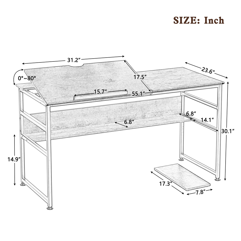 Home Office Adjustable Angle Computer Desk with Tiltable Board and Bottom Shelf - Brown