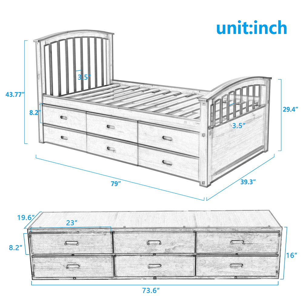 Orisfur Twin Size Wooden Bed Frame with 6 Drawers Oak | United States