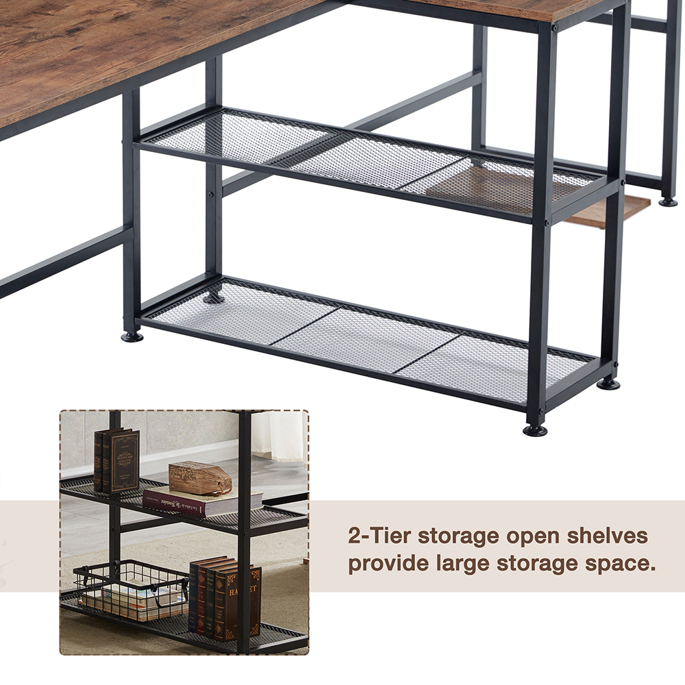 Home Office Dual Person Computer Desk with Two-layer Shelf and CPU Bracket - Brown