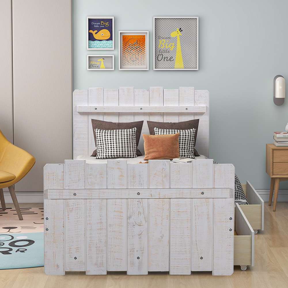 Twin Size Wooden Bed Frame Rustic Style Design with Storage Drawers, Vintage Fence-shaped Headboard, and Footboard - White