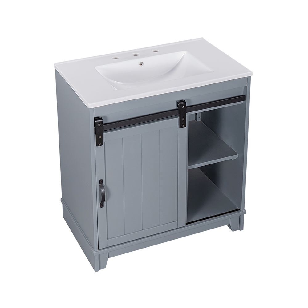 Free-Standing Bathroom Storage Cabinet with Sliding Door and Sink - White