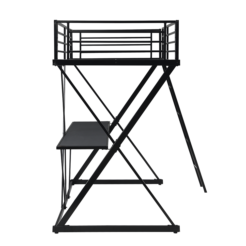 Steel Twin Size Loft Bed X-shaped Frame with Desk, Ladder and Full-length Guardrail (Only Frame) - Black