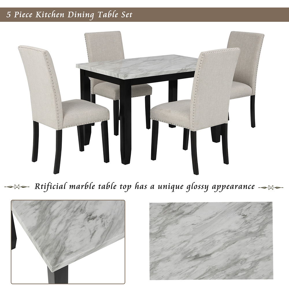 TREXM 5 Pieces Faux Marble Dining Table Set with 4 Thicken Cushion Chairs, for Kitchen, Living Room, Bedroom, Office - Beige
