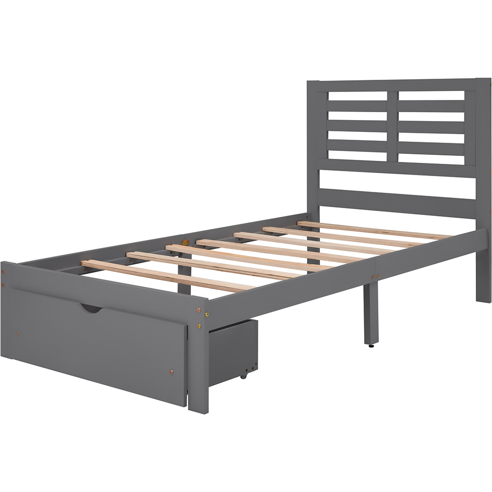 Twin Size Wooden Bed Frame with Storage Drawer - Gray