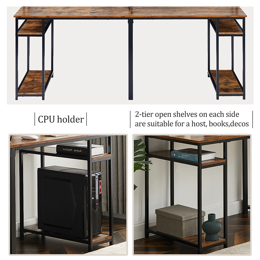 Home Office Dual Person Computer Desk with CPU Bracket and Top Shelf - Brown