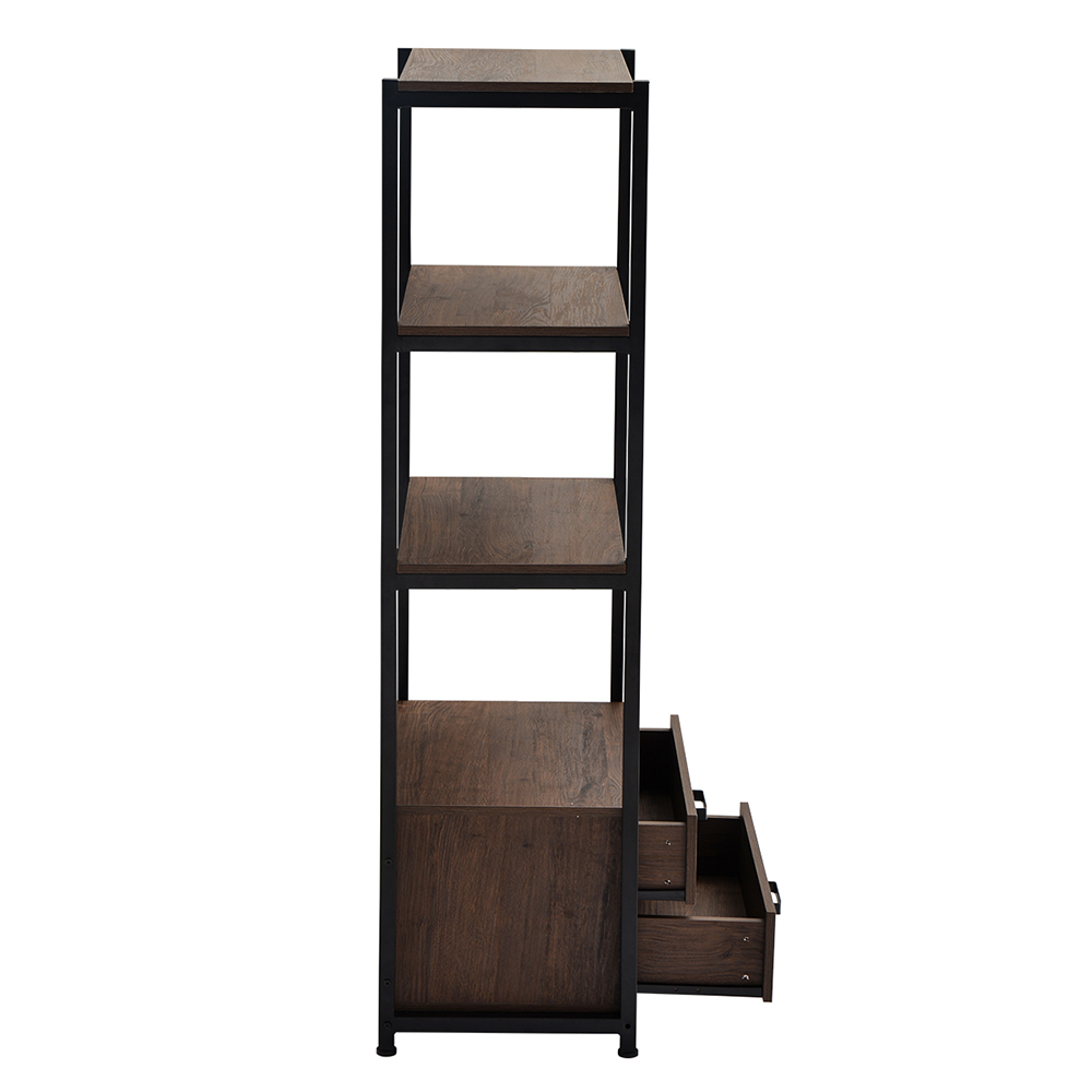 Home Office Standing Bookshelf Storage Cabinet with Four-layer Open Shelf and Two Drawers - Brown