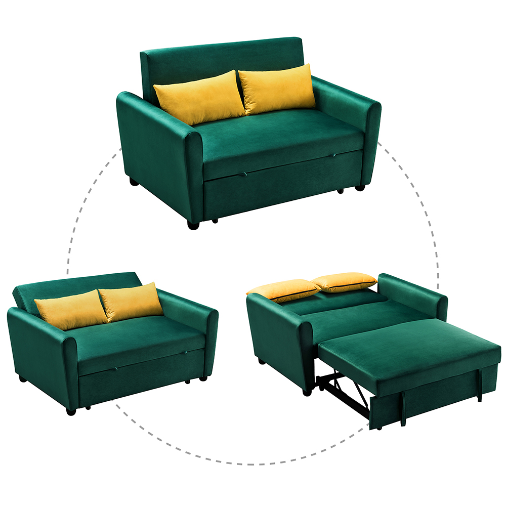55" Velvet Multifunctional Pull-out Sofa Bed Lying and Sitting 2-in-1 with 2 Pillows and Wheels, 2 Seats - Green