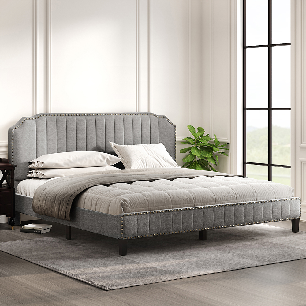 King Size Solid Wooden Upholstered Bed Frame with Linen Headboard and Nailhead Trim - Gray