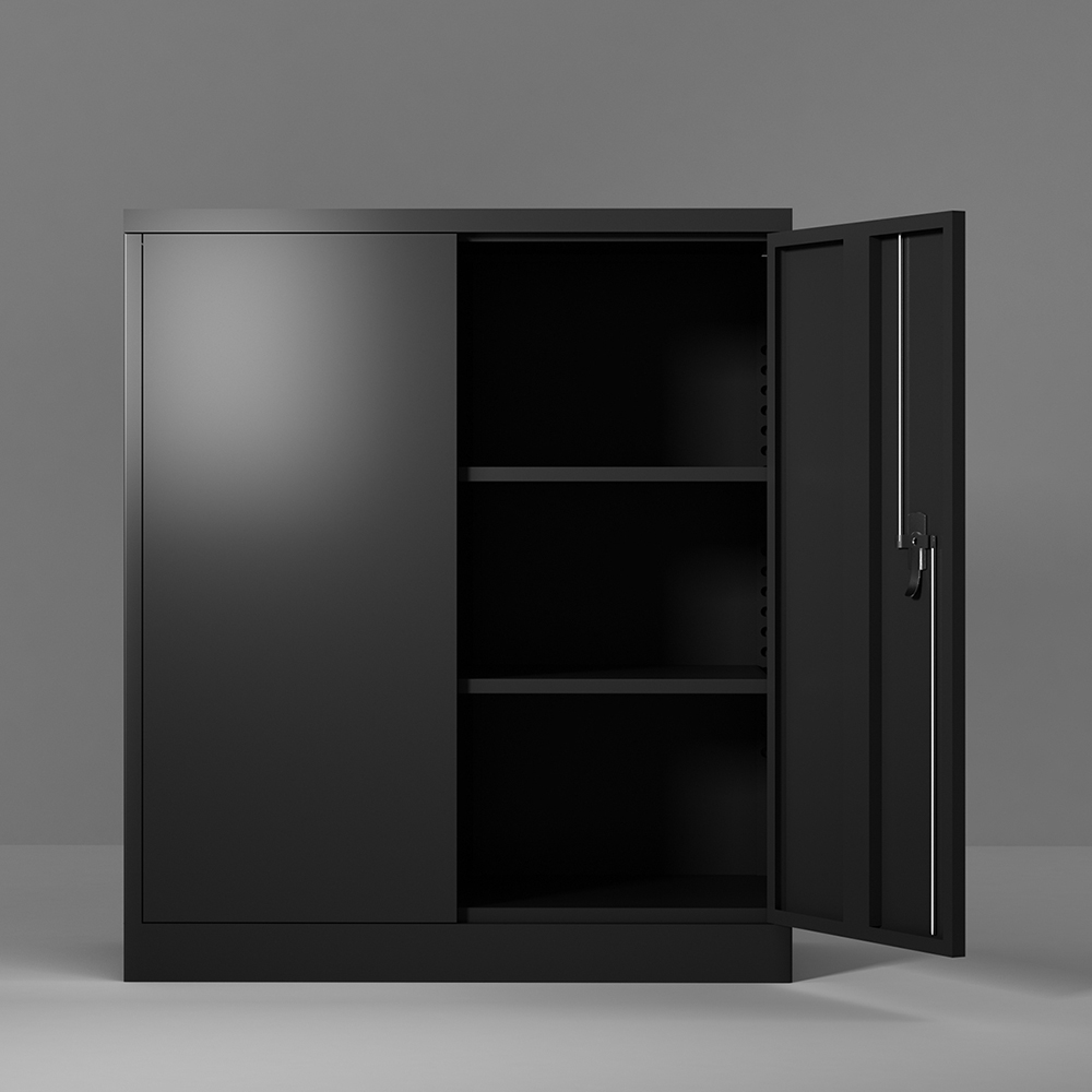 Three-layer Steel Storage Cabinet with 2 Adjustable Partitions and Lockable Doors - Black