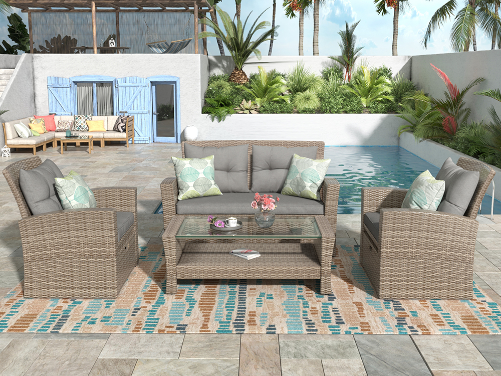 4 Piece Outdoor Patio Furniture Set, Including Dual Person Sofa, 2 Chairs, 2 Ottomans, and Coffee Table - Gray