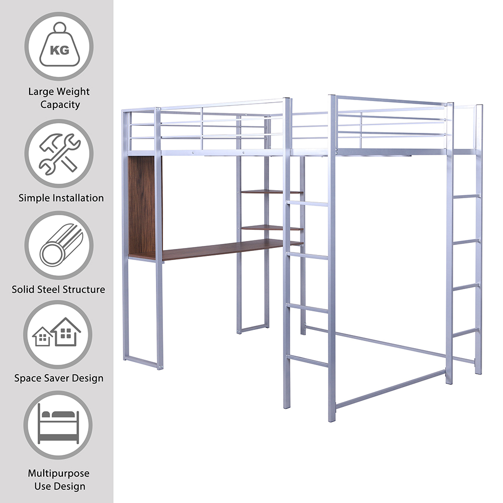 Full Size Metal Loft Bed Frame with Ladder, Shelf and Computer Desk - Silver