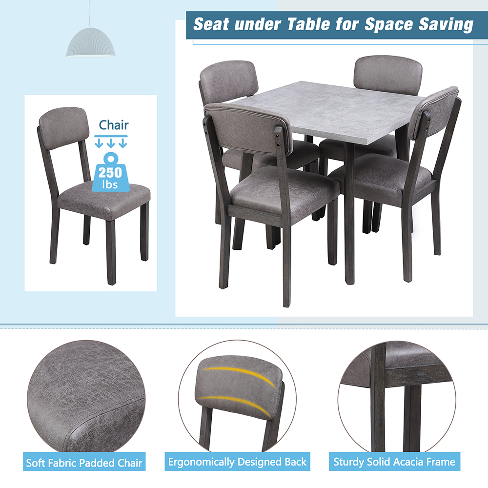 TOPMAX 5 Pieces of Dining Set, with Wooden Square Table & 4 * Upholstered Chairs - Gray