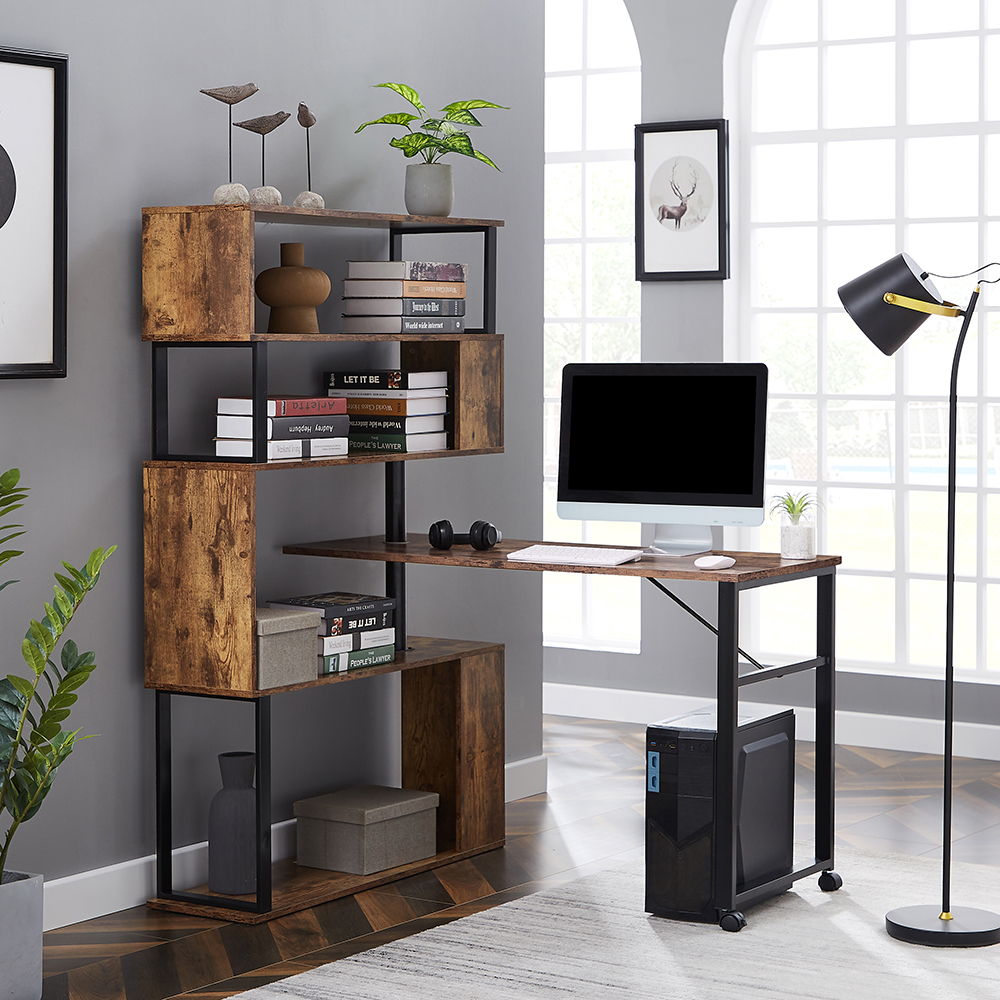 Home Office L-Shaped Rotating Computer Desk, with Five-layer Shelf - Tiger