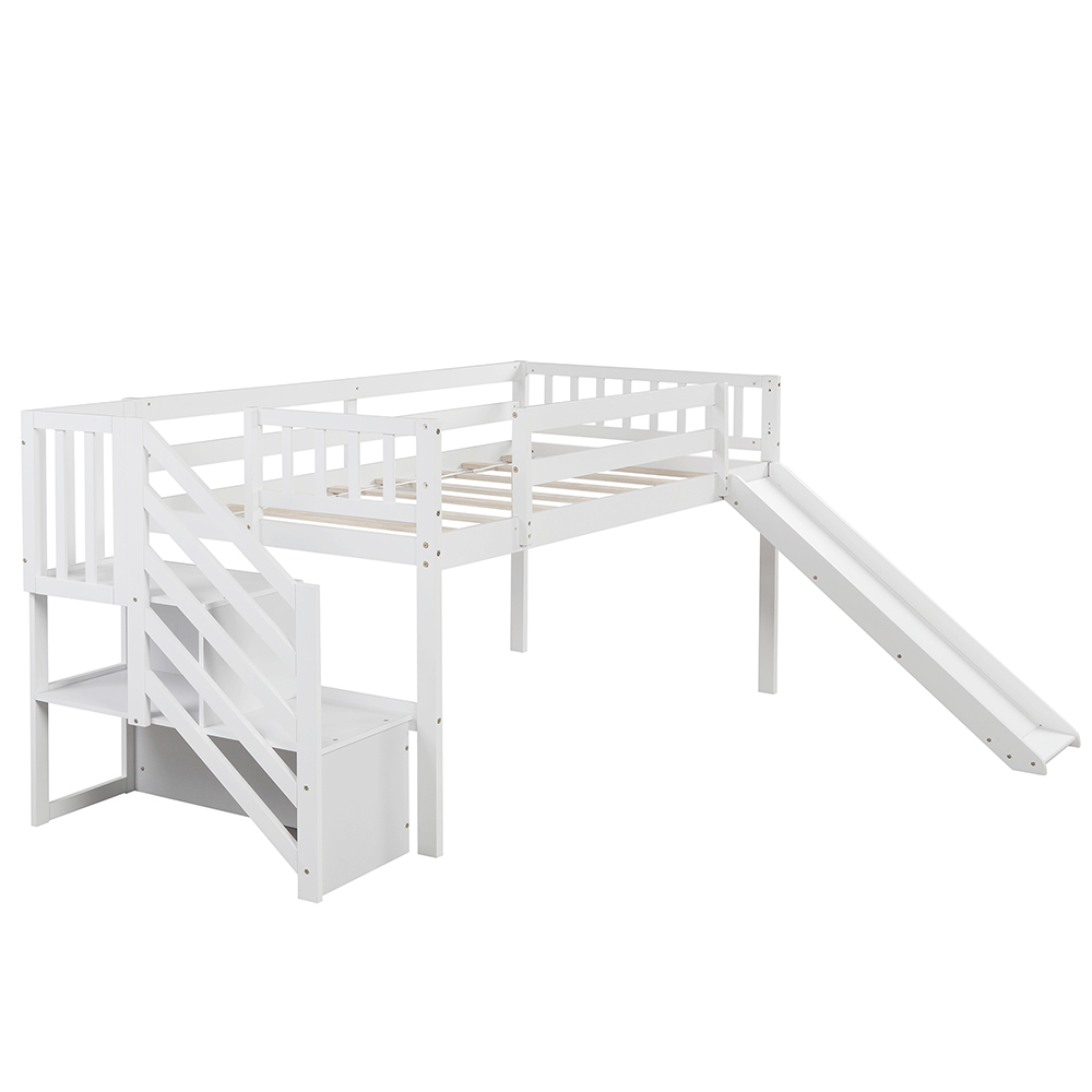 Twin Size Children's Loft Bed With Adjustable Slides, Stairs And Guardrails - White 9 Twin Size Children's Loft Bed with Adjustable Slides, Stairs and Guardrails - White