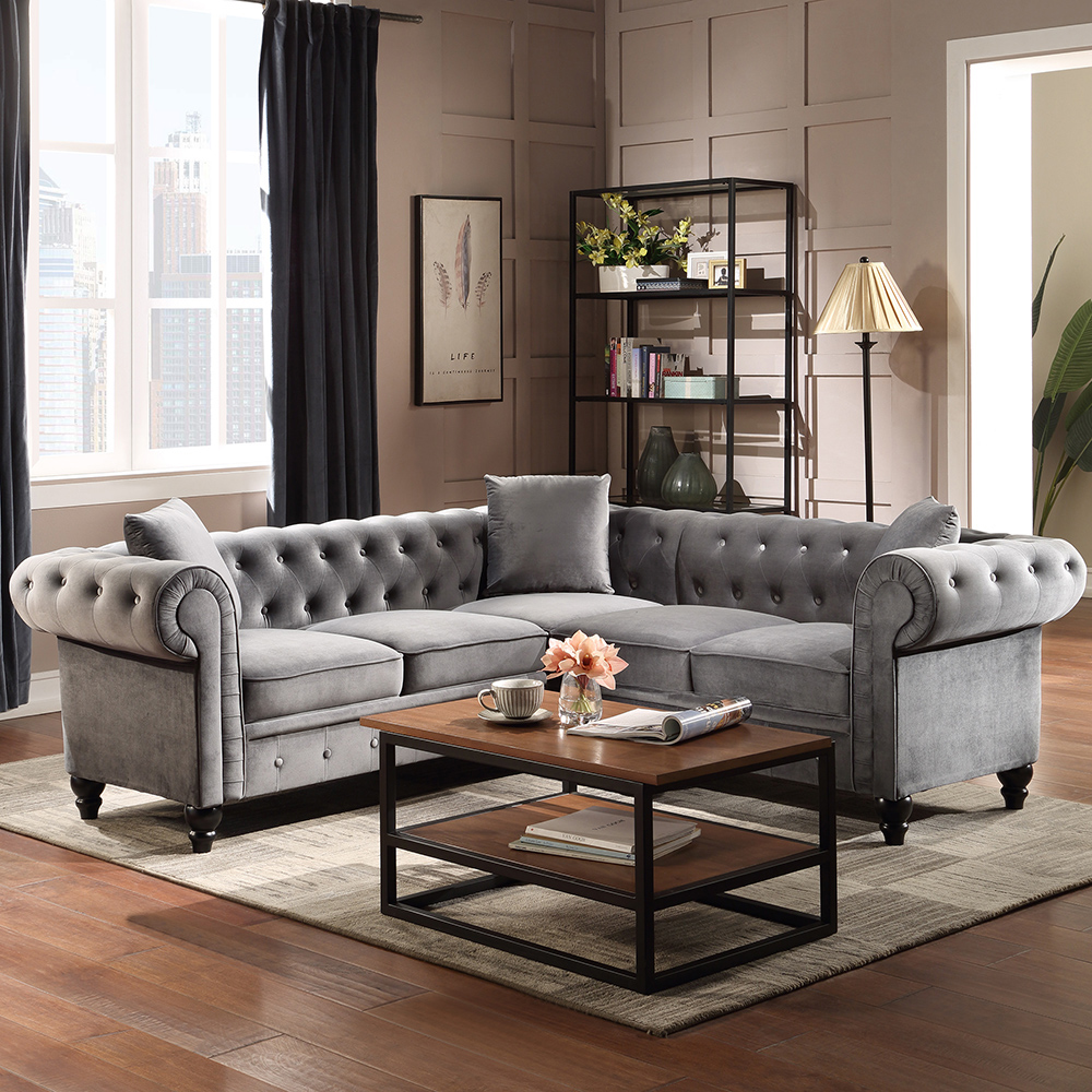 80" L-shaped Velvet Upholstered Sofa Chesterfield Design with Roll Arm and 3 Pillows Suitable for Five People - Gray