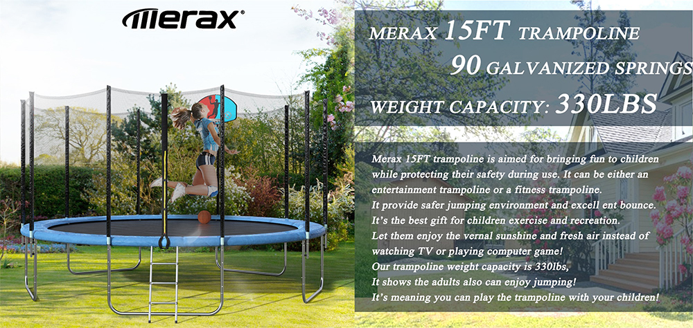 Merax 15 FT Round Trampoline with Safety Enclosure, Basketball Hoop and Ladder Adult Children Outdoor Jump Trampoline - Blue