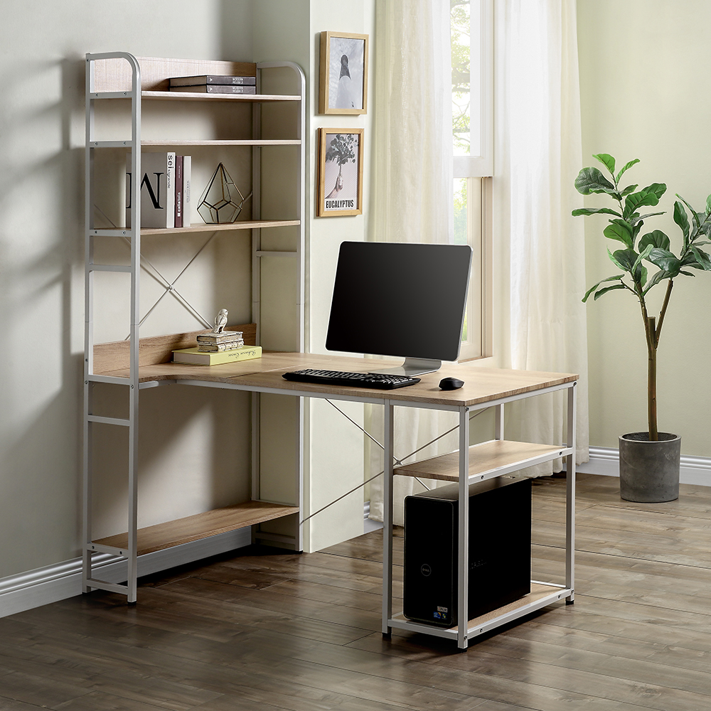 Home Office Computer Desk with Five-layer Shelf & CPU Bracket - Oak