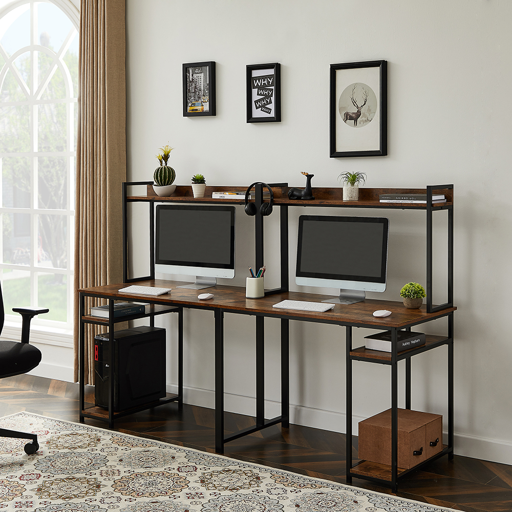 Home Office Dual Person Computer Desk with CPU Bracket and Top Shelf - Brown