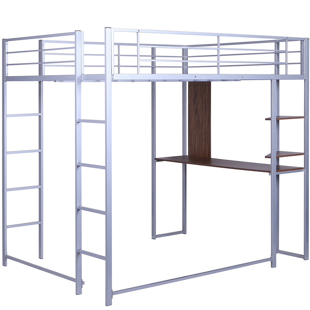 Full Size Metal Loft Bed Frame with Ladder, Shelf and Computer Desk - Silver