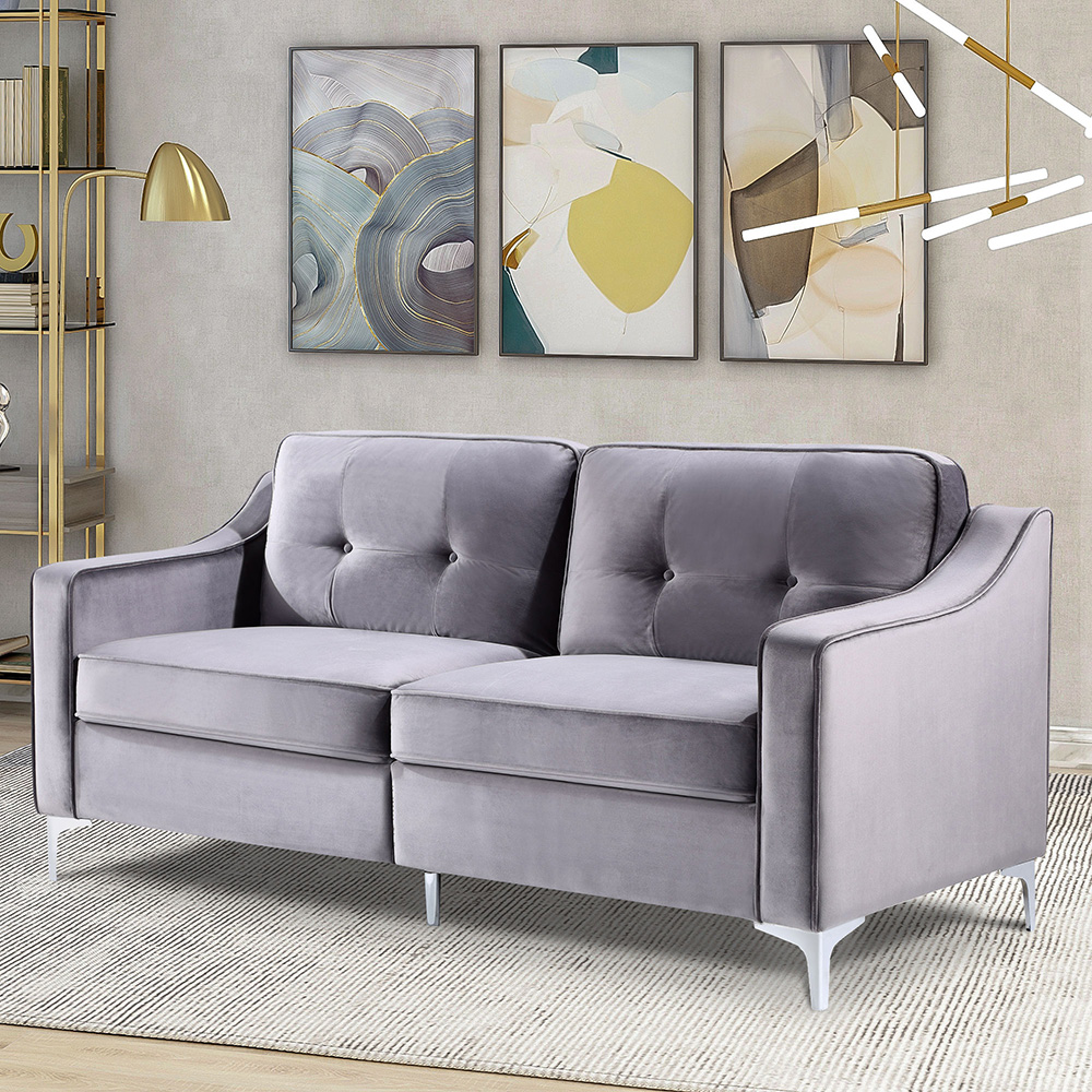 72" Velvet Upholstered Sofa Mid-century Modern Design with Armrests and Chrome-plated Metal Legs Suitable for Three People - Gray