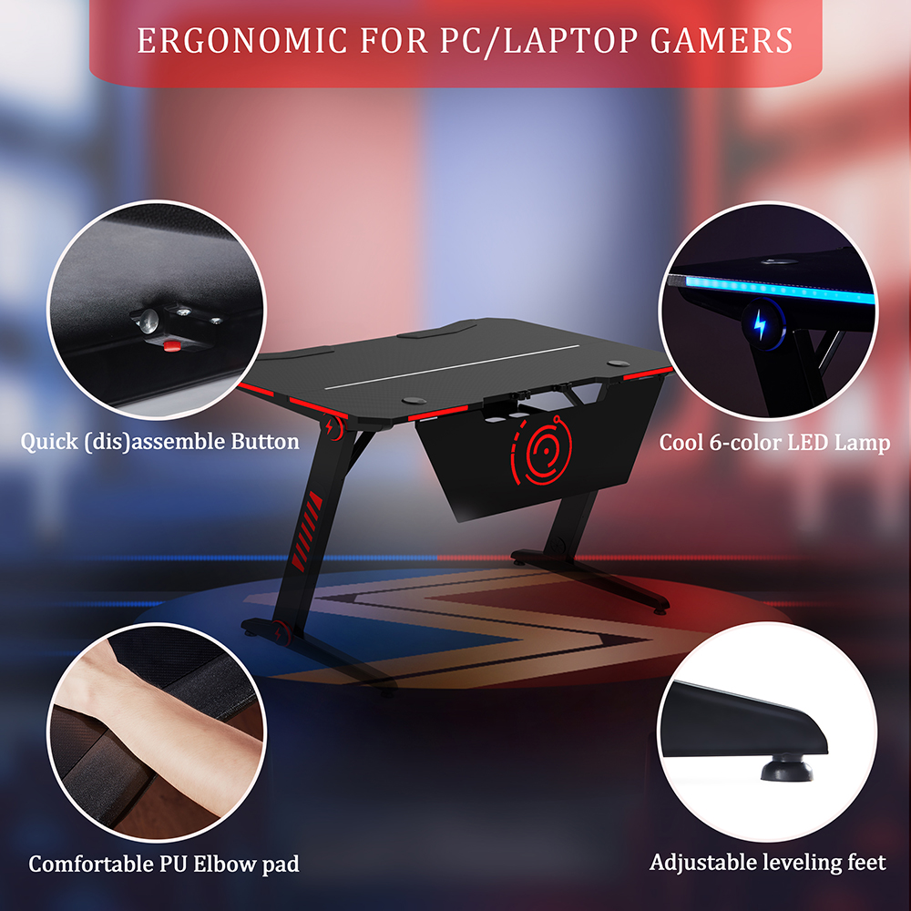 Home Office Computer Desk Ergonomic Gaming Table Plus RGB LED Lights with Headphone Hook - Black