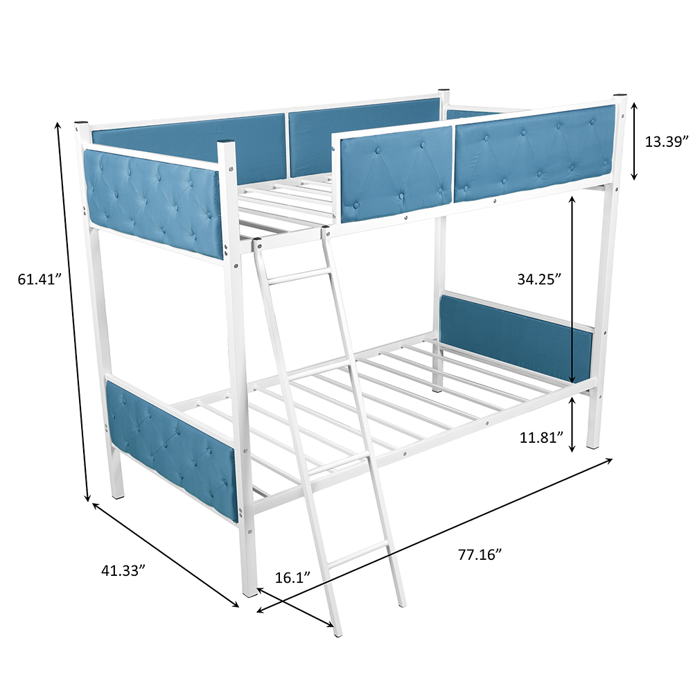 Metal Bunk Bed Frame with Ladder and Upper Guardrail, Save Space Quick Assembly - Light Blue