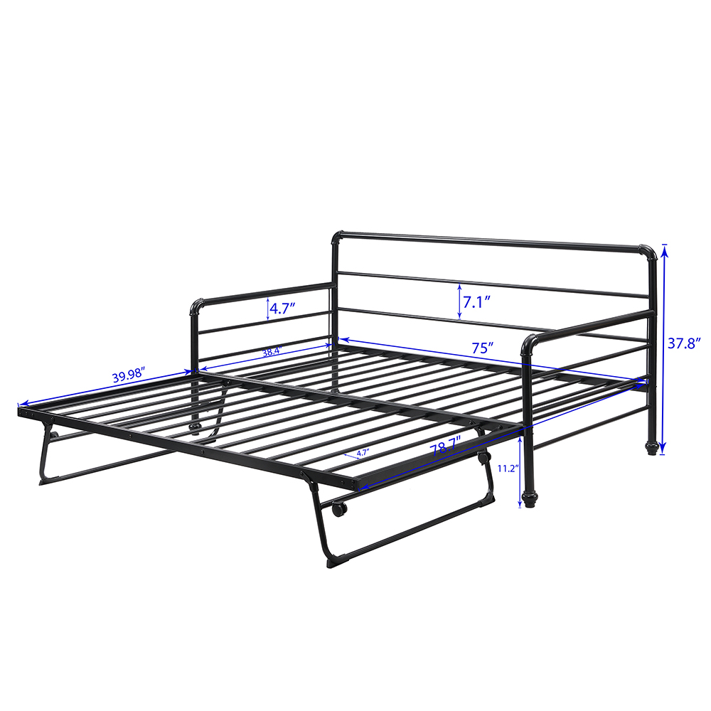 Twin Size Steel Sofa Bed Frame with Adjustable Trundle Bed - Black
