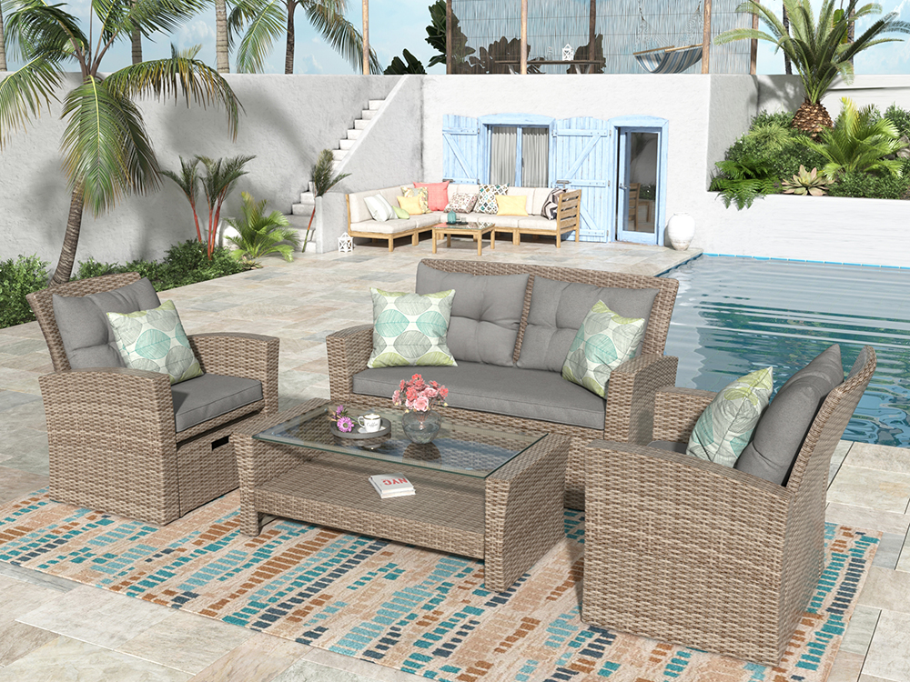 4 Piece Outdoor Patio Furniture Set, Including Dual Person Sofa, 2 Chairs, 2 Ottomans, and Coffee Table - Gray