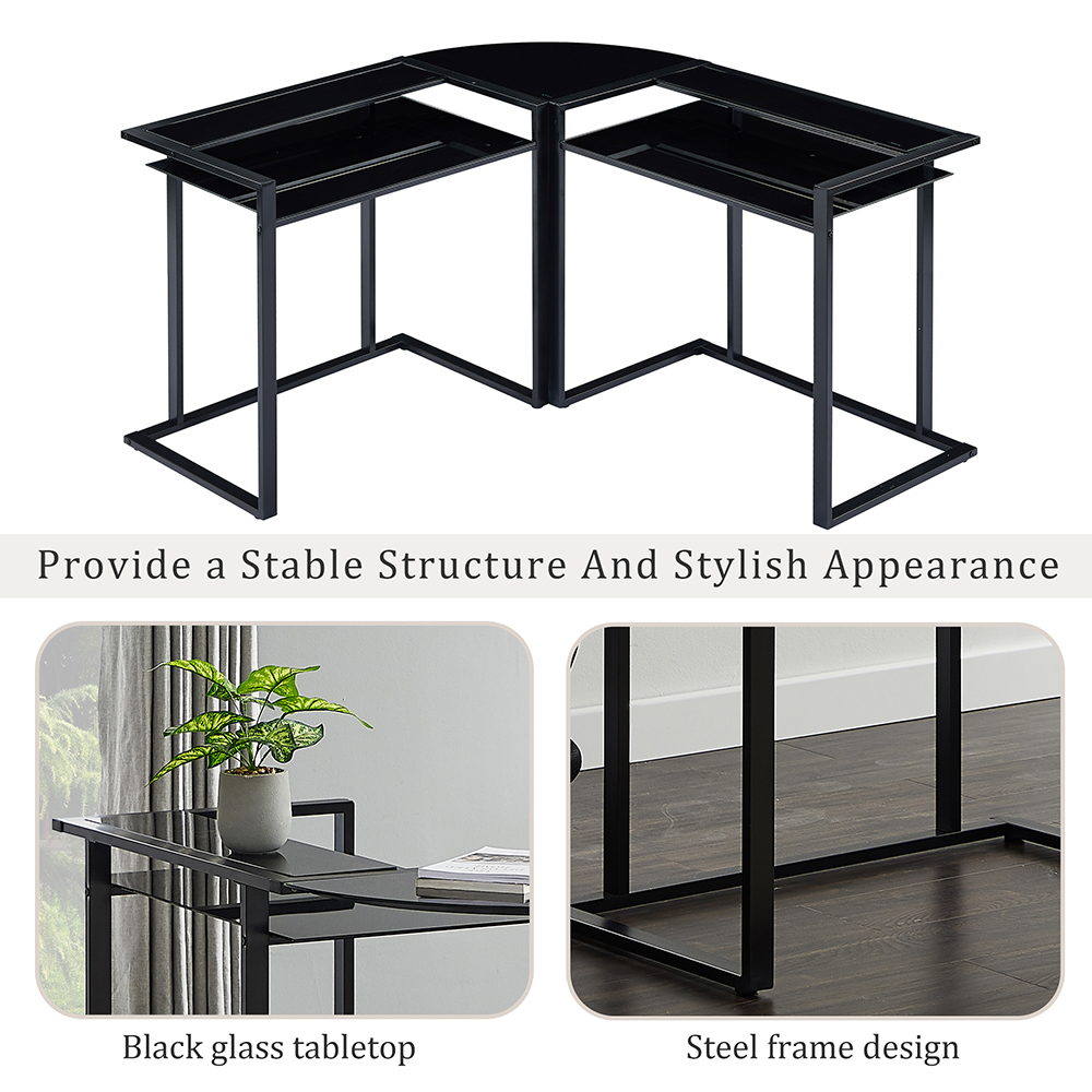 Home Office 56" L-Shaped Round Corner Glass Computer Desk with Shelf - Black