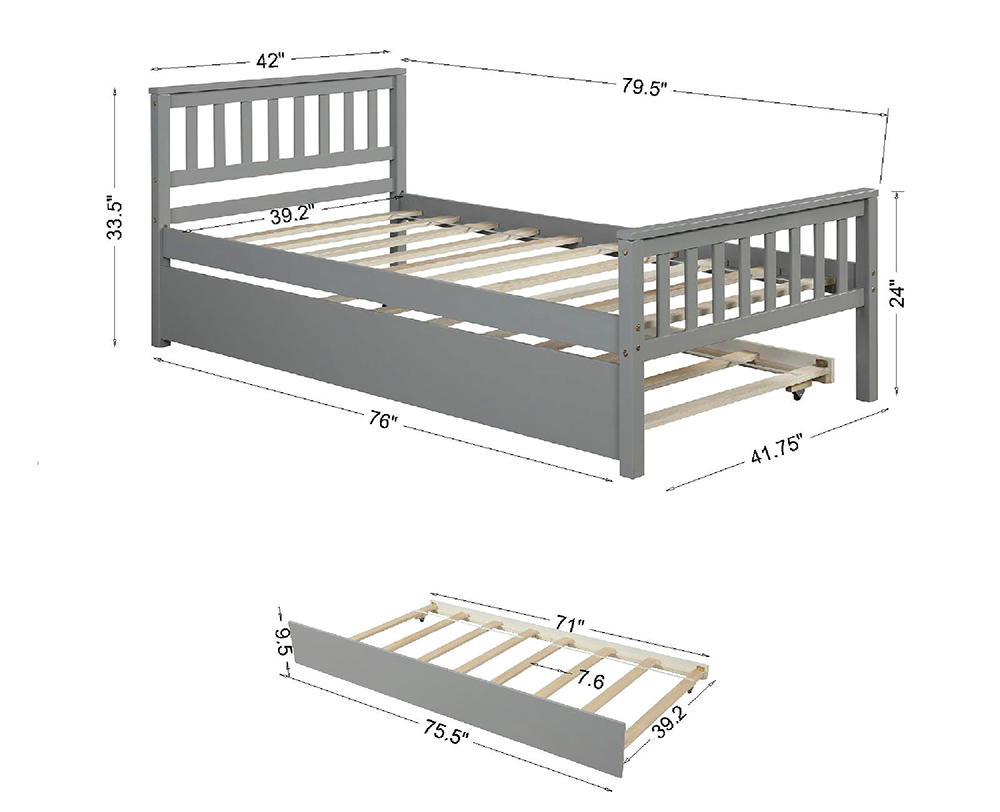 Twin Size Pull-out Combination Pine Bed Frame with Headboard and Footboard - Grey