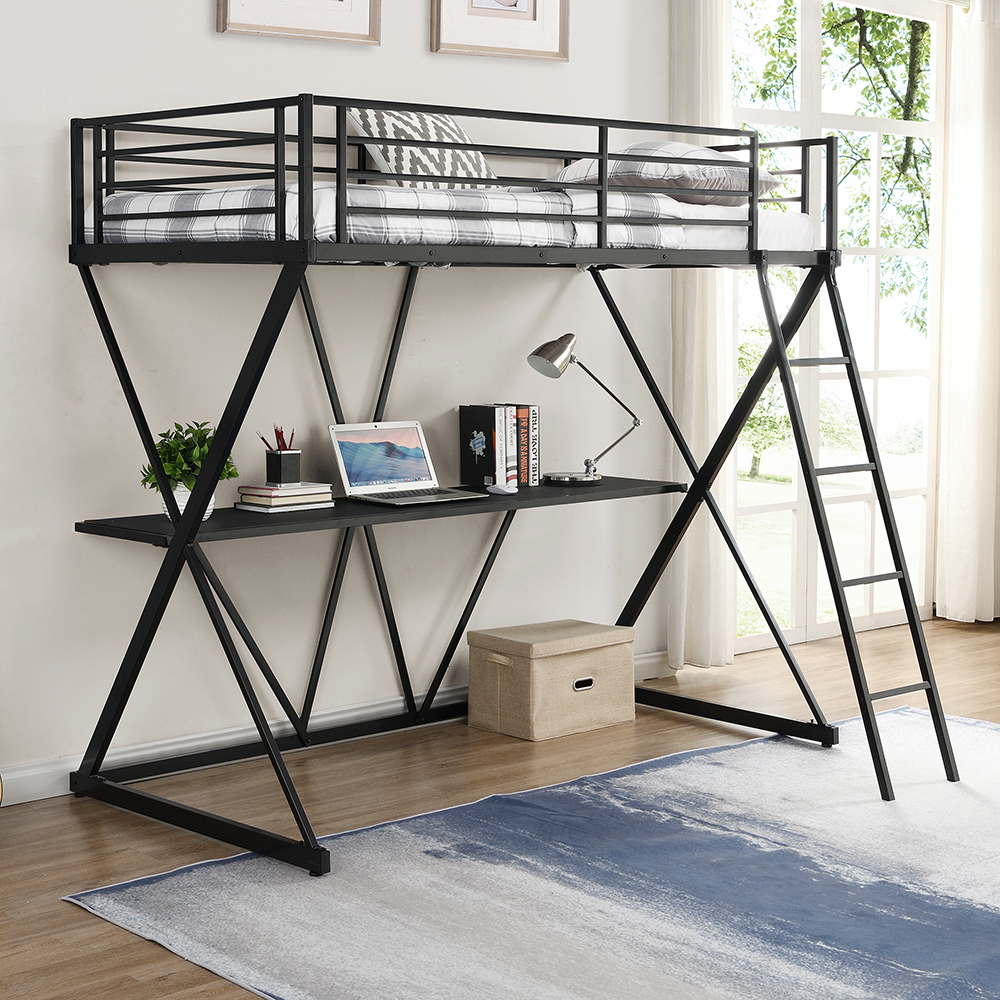 Steel Twin Size Loft Bed X-shaped Frame with Desk, Ladder and Full-length Guardrail (Only Frame) - Black
